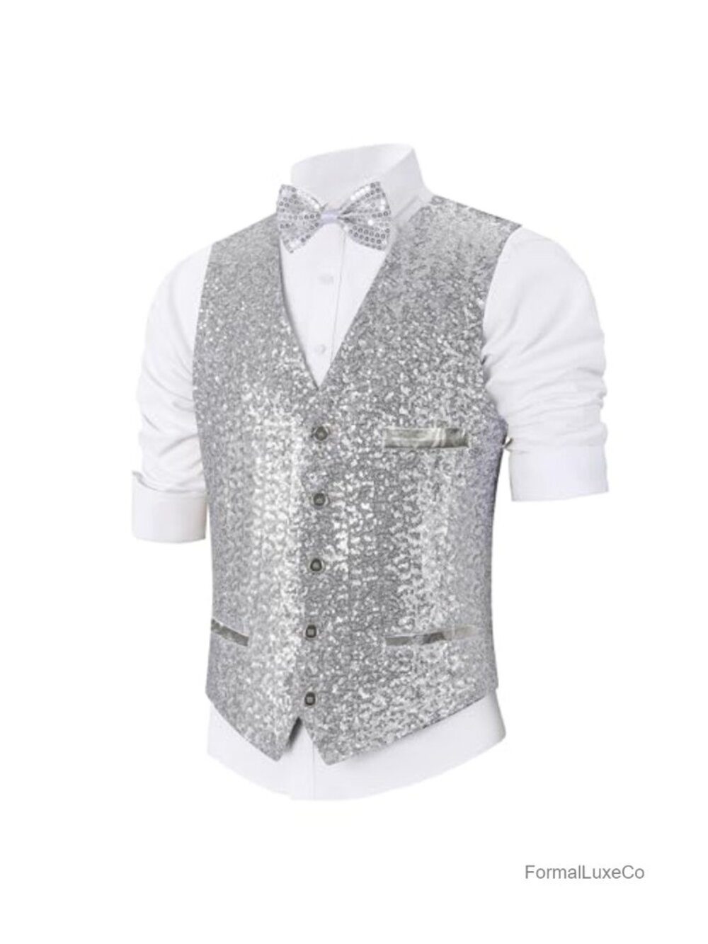 Sequin Vest & Bowtie Set V-Neck Waistcoat Wedding Formal Party